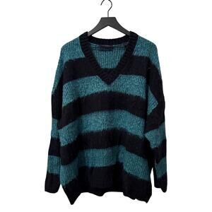AllSaints Lou V Neck Sparkle Stripe Sweater Jumper Women M Medium Black Green